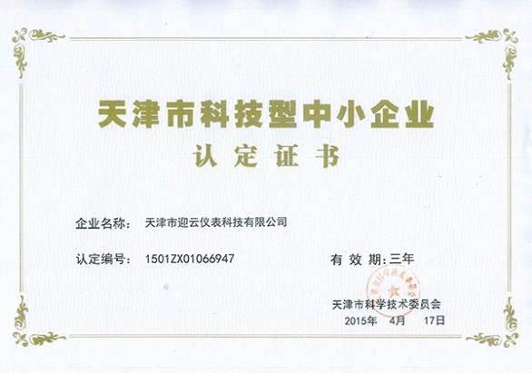 天津市科技型中小企业认定证书